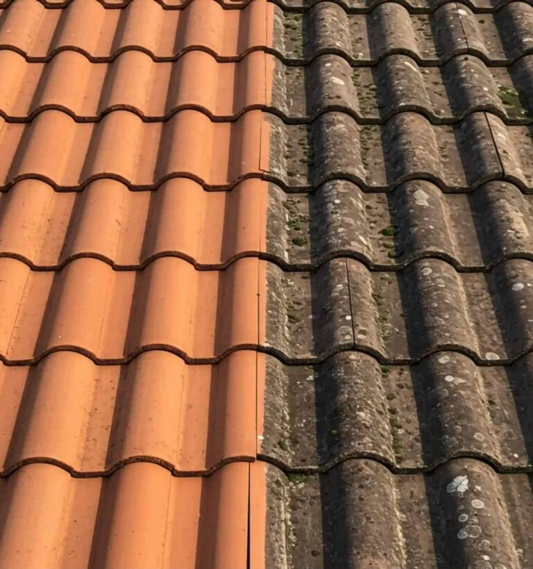 Cleaned clay roof tiles next to tiles still covered in moss and lichen