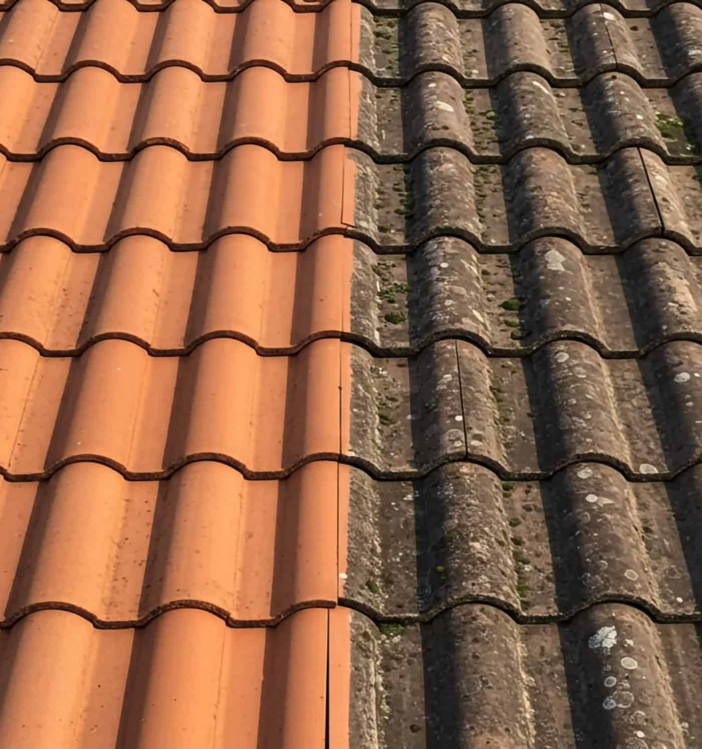 Cleaned clay roof tiles next to tiles still covered in moss and lichen