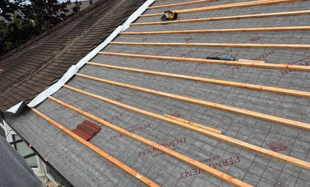 Re-roof in progress with new breathable membrane and timber battens