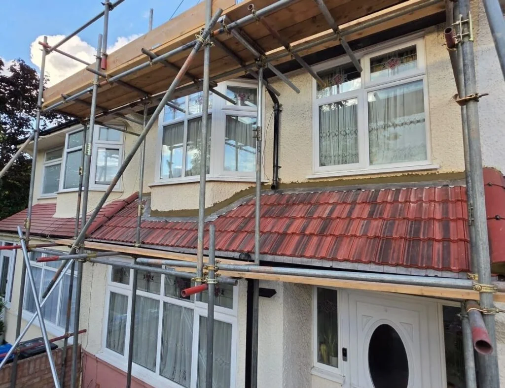 Scaffolding up for roofing work on a bay roof